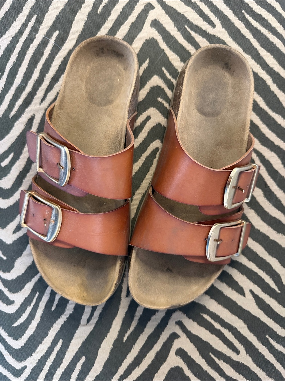 Women's Double-Buckle Leather Slide Sandals - Tan Brown - Sz 8